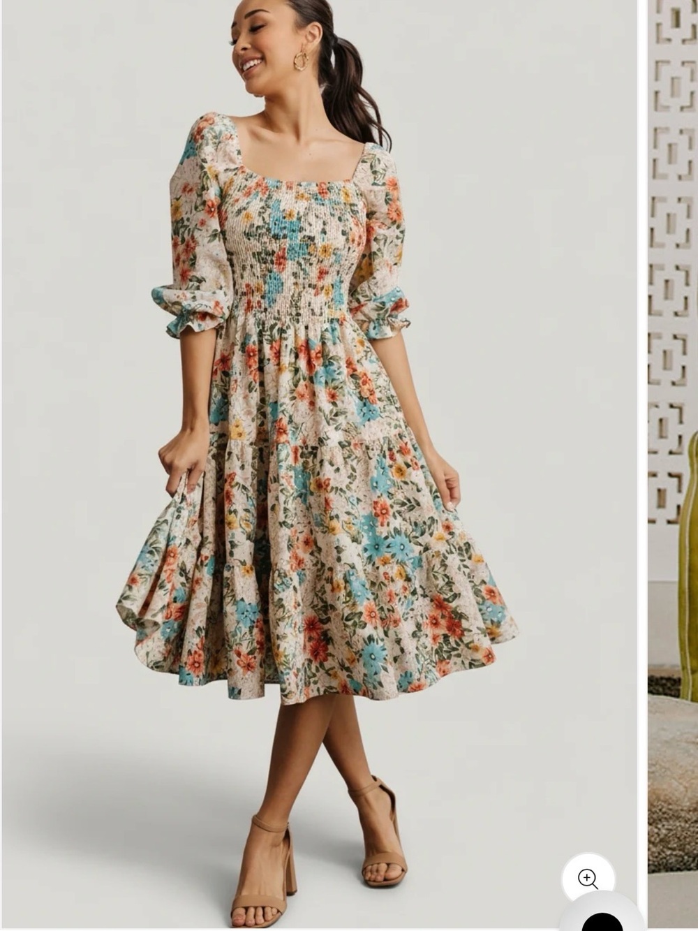 Baltic Born Floral Smocked Midi Dress with Blue-turquoise & Coral Blooms 3XL